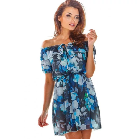 Virágos ruha felfedett vállakkal hölgyeknek, sötétkék színben
