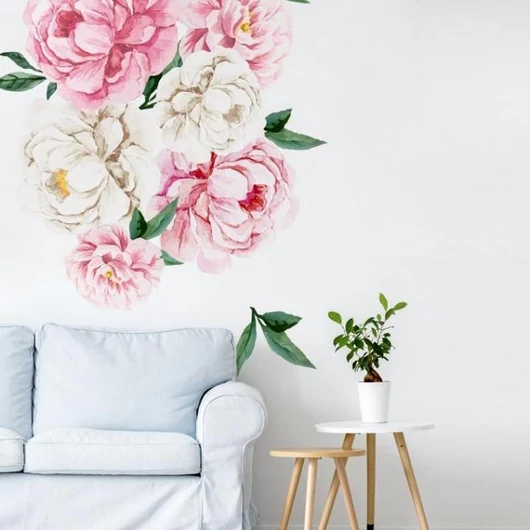 Dekoratív matrica készlet, rózsaszín-fehér bazsarózsa motívummal