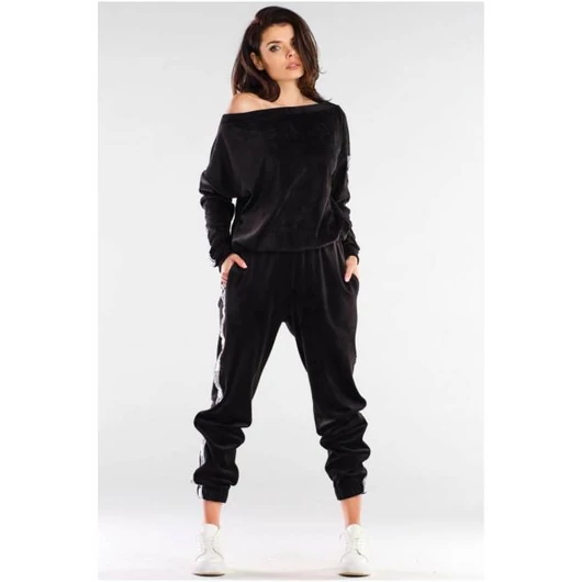 Női, velúr melegítőnadrág kontrasztos csíkokkal, fekete színben