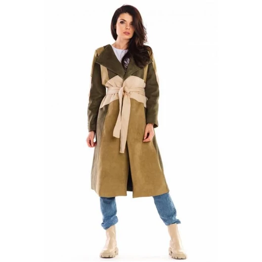 Khaki színű hosszú velúr kabát övvel, hölgyeknek