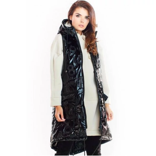 Fényes női mellény kapucnival, fekete színben
