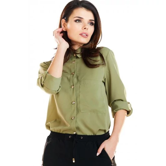 Khaki színű klasszikus női ing arany gombokkal