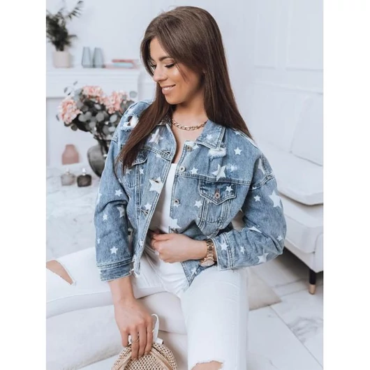 Női oversize farmer kabát világoskék színben csillagokkal