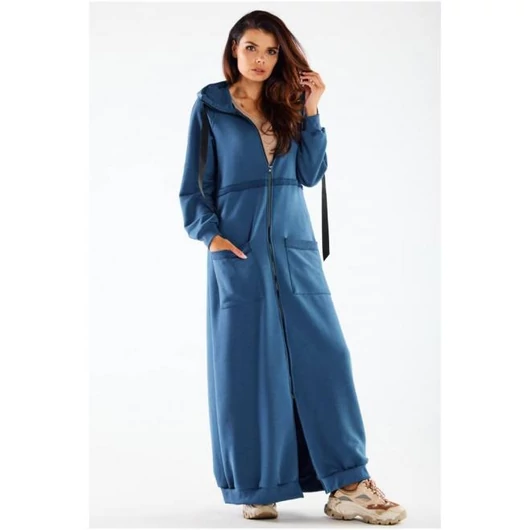 Hosszú kék színű kapucnis pulóver