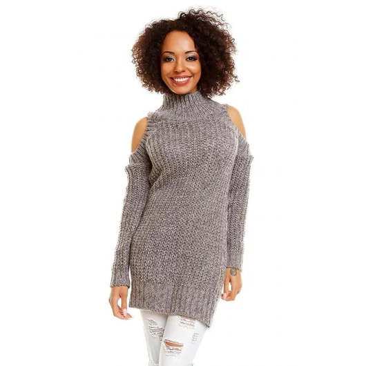Szürke színű, bolyhos női szvetter, csupasz vállal