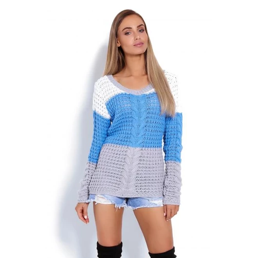Kék-szürke fonott mintás, háromszínű női szvetter