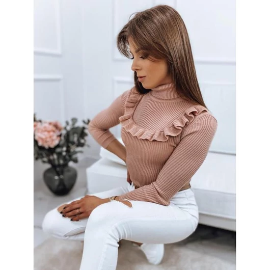 Világosrózsaszín, női bordás szvetter dekoratív fodorral