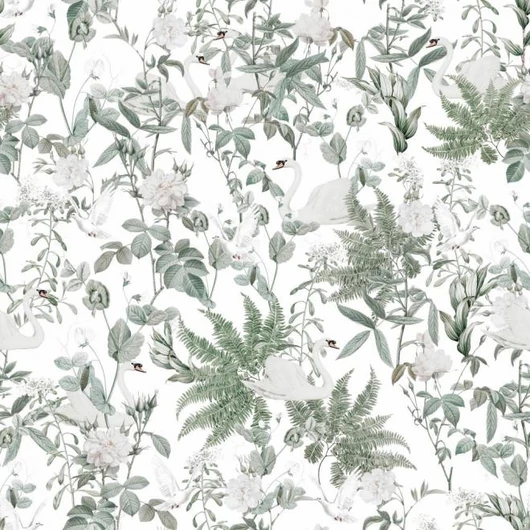 Virágos, fehér tapéta, hattyúkkal