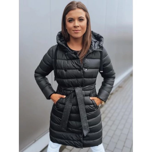 Fekete női kabát, övvel