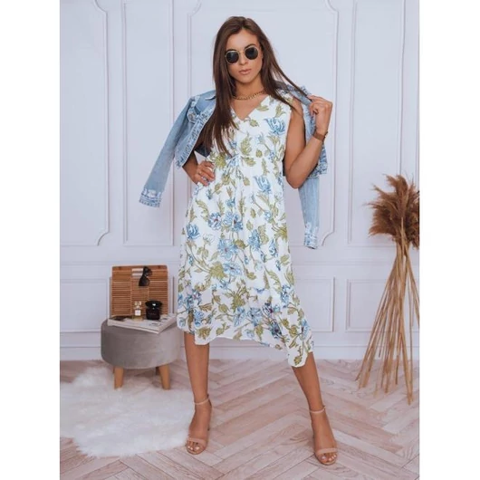 Virágos fehér női ruha V-kivágással