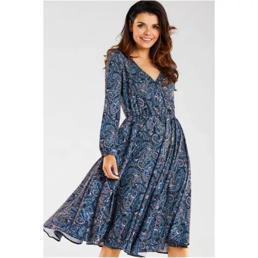 Női, sötétkék midi ruha, mintával