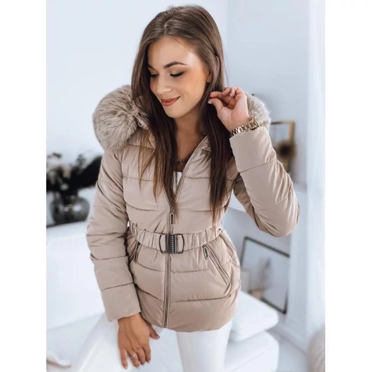 Női, bézs színű, steppelt kabát, övvel