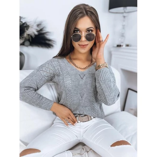 Világosszürke színű, női szvetter, áttört mintával