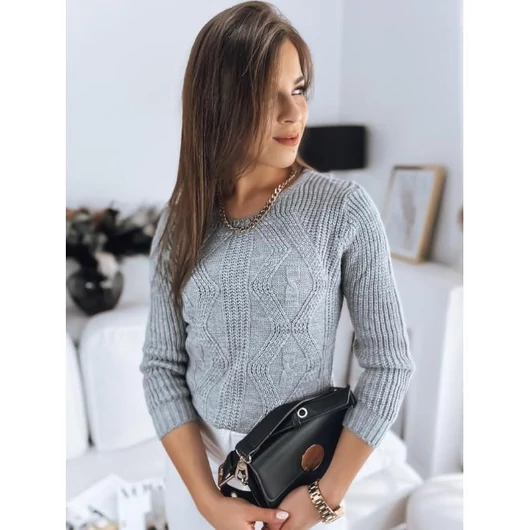 Női szürke pulóver, dekoratív fonásokkal