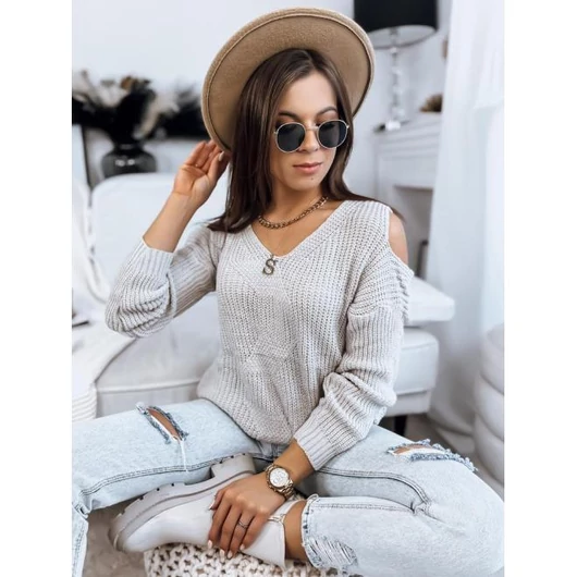 Női, világosbézs pulóver, kivágott vállrészekkel