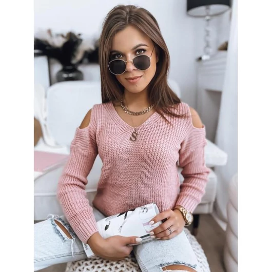 Rózsaszín női pulóver, nyitott vállrészekkel