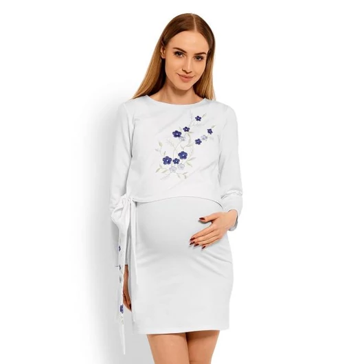 Fehér kismama/szoptató ruha, hímzett virágokkal és masnival
