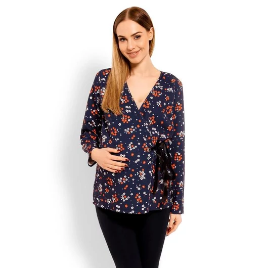 Kismama blúz virágokkal, masnival sötétkék színben