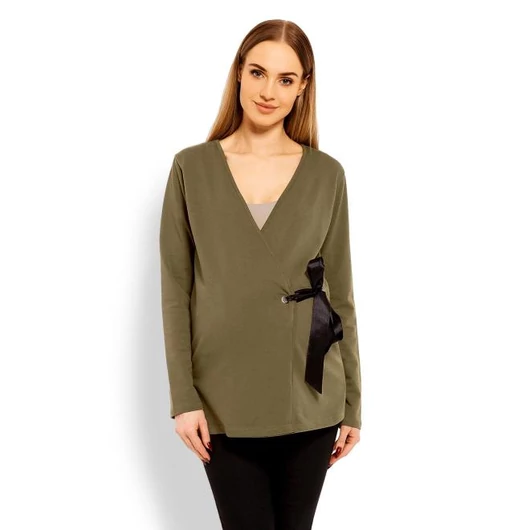 Khaki színű, fűzős blúz, fekete masnival, kismamáknak