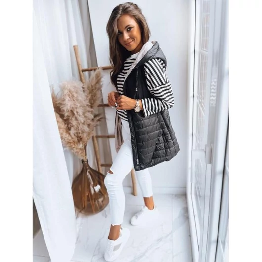 Fekete, steppelt női mellény, kapucnival