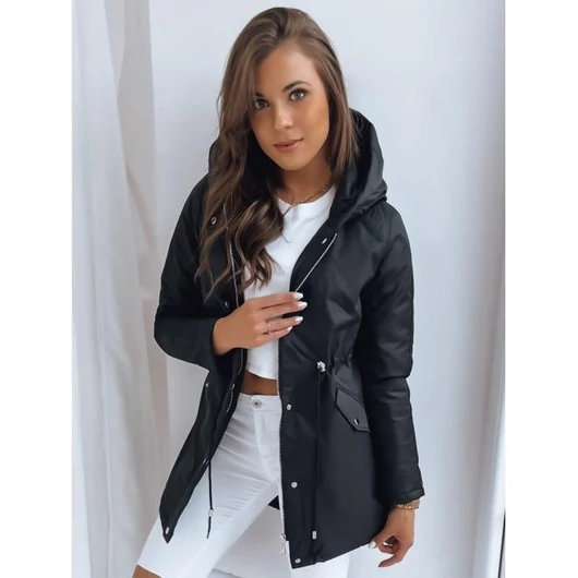 Fekete női parka, derekán húzózsinórral