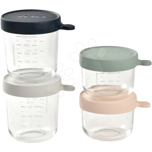 Szett 4 ételtároló Béaba minőségi üvegből (1*150 ml rózsaszín/1*150 ml eukaliptusz/1*250 ml szürke/ 1*250 ml sötétkék)
