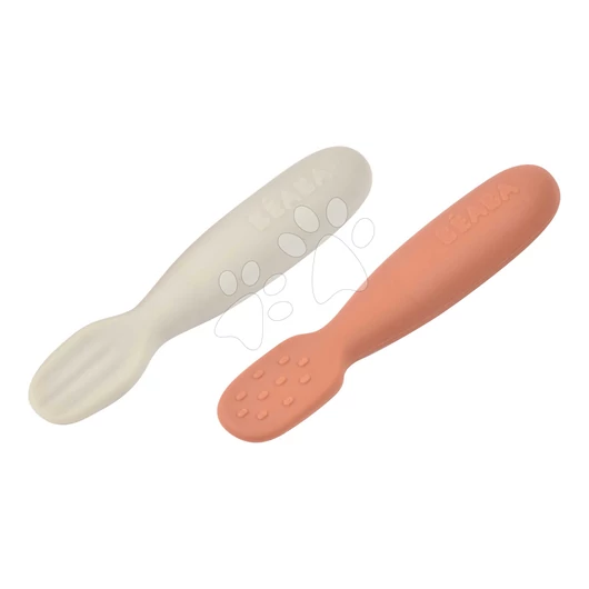 Ergonomikus gyakorlókanalak Silicone Pre-Spoons Terracotta Velvet Grey Beaba szilikonból önálló étkezéshez 2 db 4 hó-tól BE913579