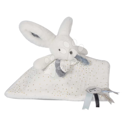 Plyšový zajačik na maznanie Bunny Happy Glossy Doudou et Compagnie modrý 25 cm v darčekovom balení od 0 mes DC3742