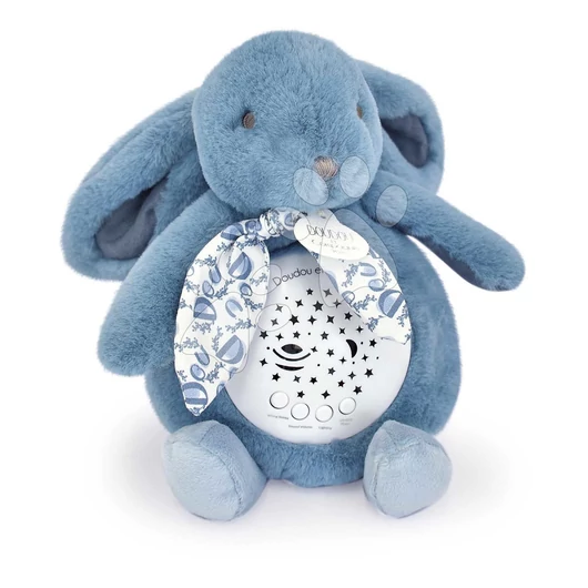 Plüss nyuszi Musical Night Light Star Projector Blue Doudou et Compagnie fénnyel zenével és fehér zajjal kék 16 cm 0 hó-tól DC4201