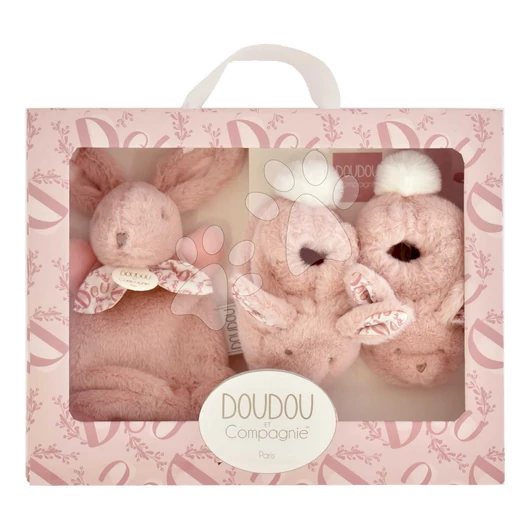Ajándék szett kisbabáknak Slipper Gift Set Pink Lapin Doudou et Compagnie papucsok és nyuszi dédelgetésre rózsaszín 15 cm ajándékcsomagolásban 0 hó-tól DC4259