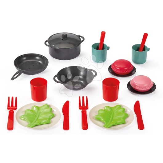 Piknik kosár ebédkészlettel100% Chef Écoiffier 23 cm fazékkal serpenyővel evőeszközökkel és makarónokkal 22 részes 18 hó-tól