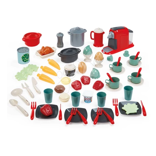 Ebédkészlet élelmiszerekkel dobozban 100% Chef Écoiffier fazekakkal kávéfőzővel 70 kiegészítővel 18 hó-tól