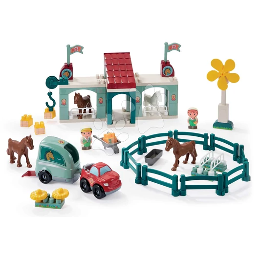 Építőjáték istálló szélmalommal Hippies Centre Abrick Écoiffier lovacskával autóval és 2 figurával 18 hó-tól ECO2978