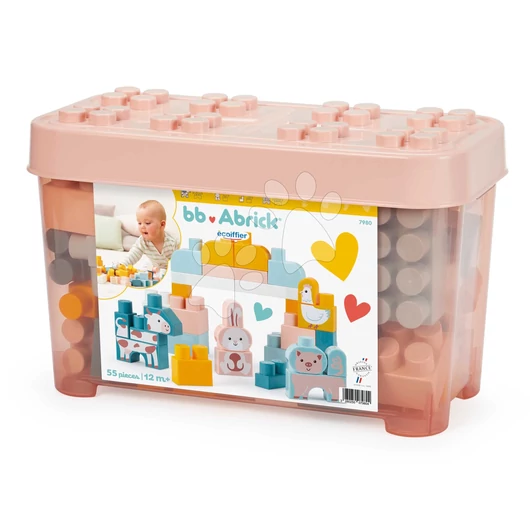 Építőjáték állatkákkal BB Abrick Écoiffier 55 kocka rózsaszín dobozban 12 hó-tól ECO7980