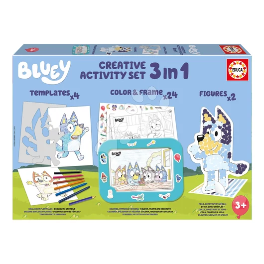 Kreatív rajzolás táblagéppel Colour & Frame Bluey Activity Set Educa színezd ki kutyusodat 24 sablonnal matricával 6 zsírkrétával 3 évtől EDU19887