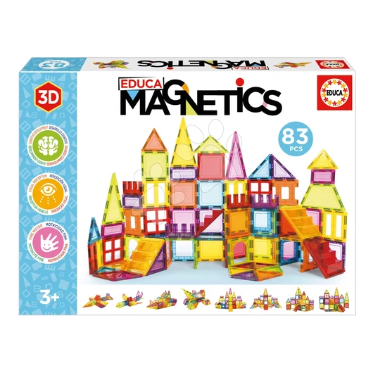 Építőjáték 3D mágneses extra nagy Magnetics Building Tiles Educa 83 színes elem 3 évtől EDU20025