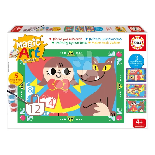 Festés számok szerint Klasszikus mesék Magic Art Number Classic Tales Educa 3 kép 5 festékkel ecsettel és palettával 4 évtől