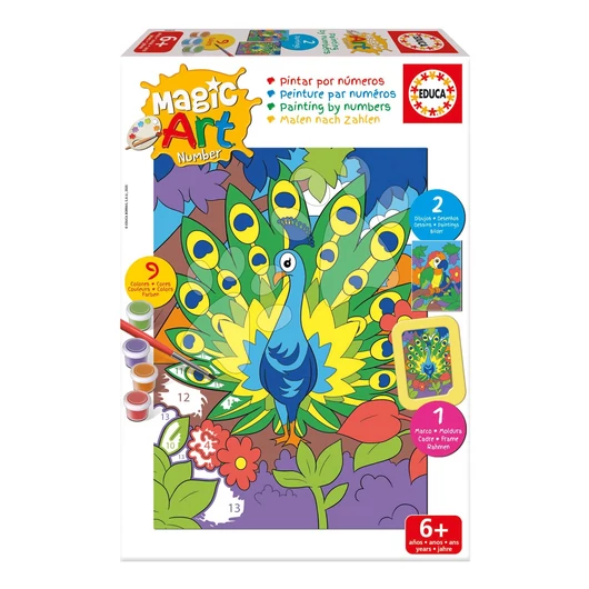 Festés számok szerint Papagáj és páva Magic Art Number Peacock & Parrot Educa 2 kép kerettel és 9 szín ecsettel és palettával 6 évtől