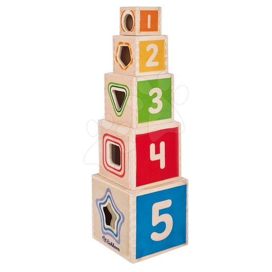 Fa toronyépítő Color Stacking Tower Eichhorn 5 színes kockával és 5 alakzattal 12 hó-tól