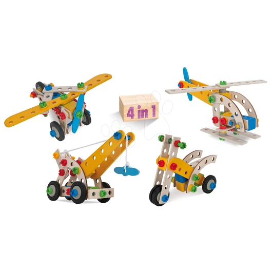 Fa építőjáték daru Constructor Mobile Crane Eichhorn 4 modell (daru, repcsi, helikopter, bringa) 70 darabos 3 évtől