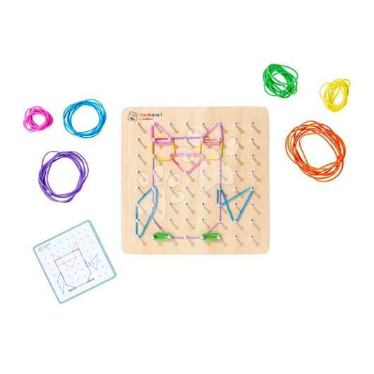 Fa geometriai formatábla szögekkel Montessori Geo Board Eichhorn 60 színes gumival és 24 feladatkártyával 4 évtől EH6050