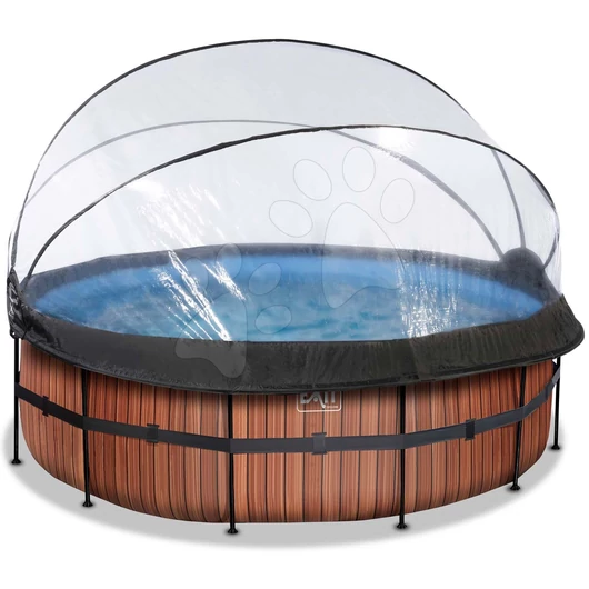 Medence búrával és homokszűrős vízforgatóval Wood pool Exit Toys kerek acél medencekeret 427*122 cm barna 6 évtől