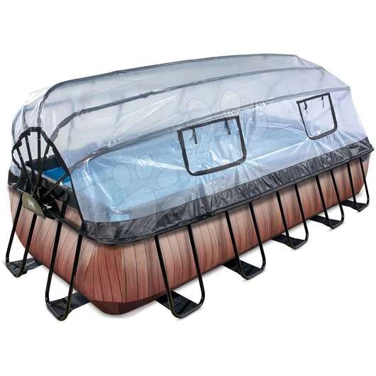 Medence búrával homokszűrős vízforgatóval és hőszivattyúval Wood pool Exit Toys acél medencekeret 540*250*100 cm barna 6 évtől