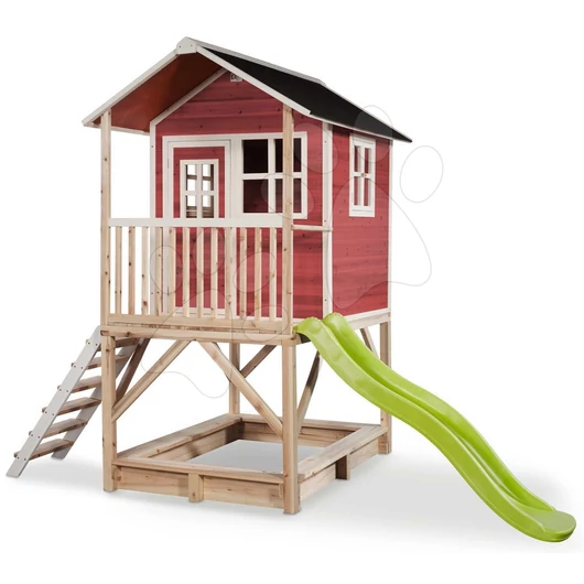 Házikó pilléreken cédrusból Loft 500 Red Exit Toys vízhatlan tetővel homokozóval és 1,75 m csúszdával piros