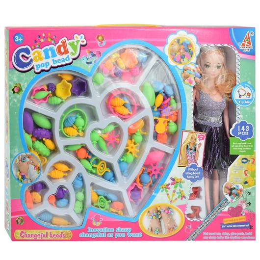 Candy PopBead: 143db-os Ékszerkészítő gyöngyszett babával, színes gyöngyökkel, gyűrűkkel és kiegészítő elemekkel