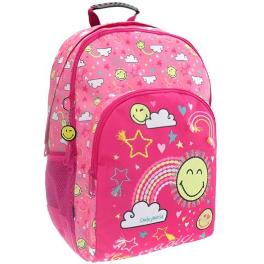 Emoji: Smiley mintás rózsaszín iskolatáska, hátizsák 33x16x45cm