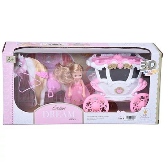 Hintó játékszett 13cm-es babával és fehér lóval