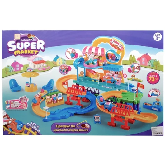 Super Market vidám bevásárlóközpont vonatpálya kiegészítőkkel