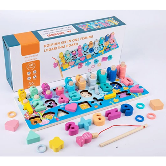 6 az 1-ben színes fa készségfejlesztő játék számokkal és formákkal