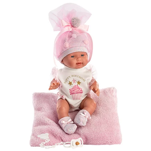 Llorens: Bebita újszülött 26cm-es baba Boldog születésnapot ruhában